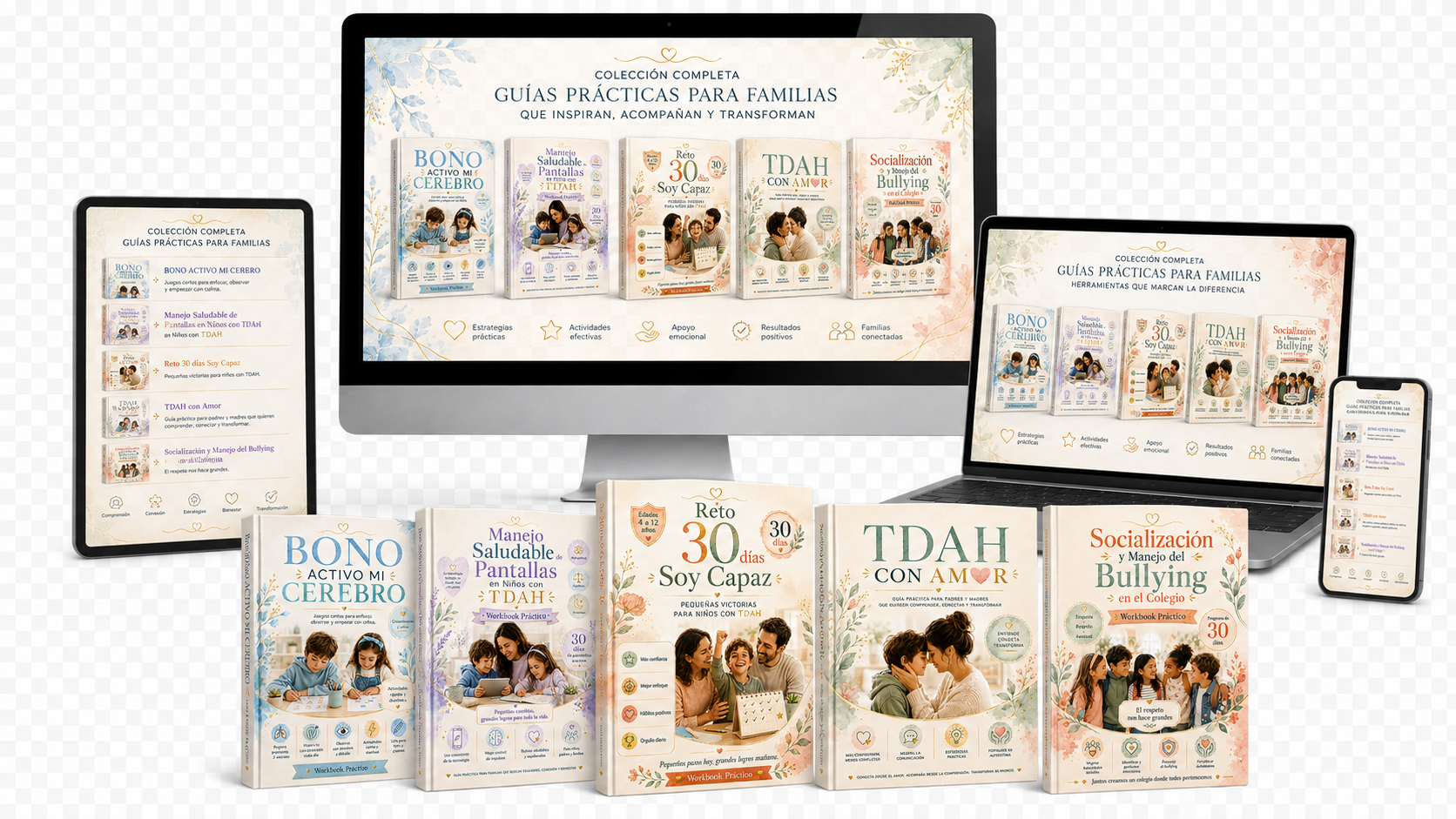 Colección completa de workbooks para familias con TDAH en distintos dispositivos